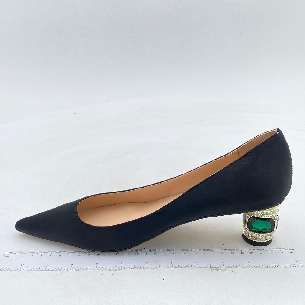 FSJ Black Bridal Pointed Toe Chunky Low Heel Crystal Pumps Slip on Wedding Shoes